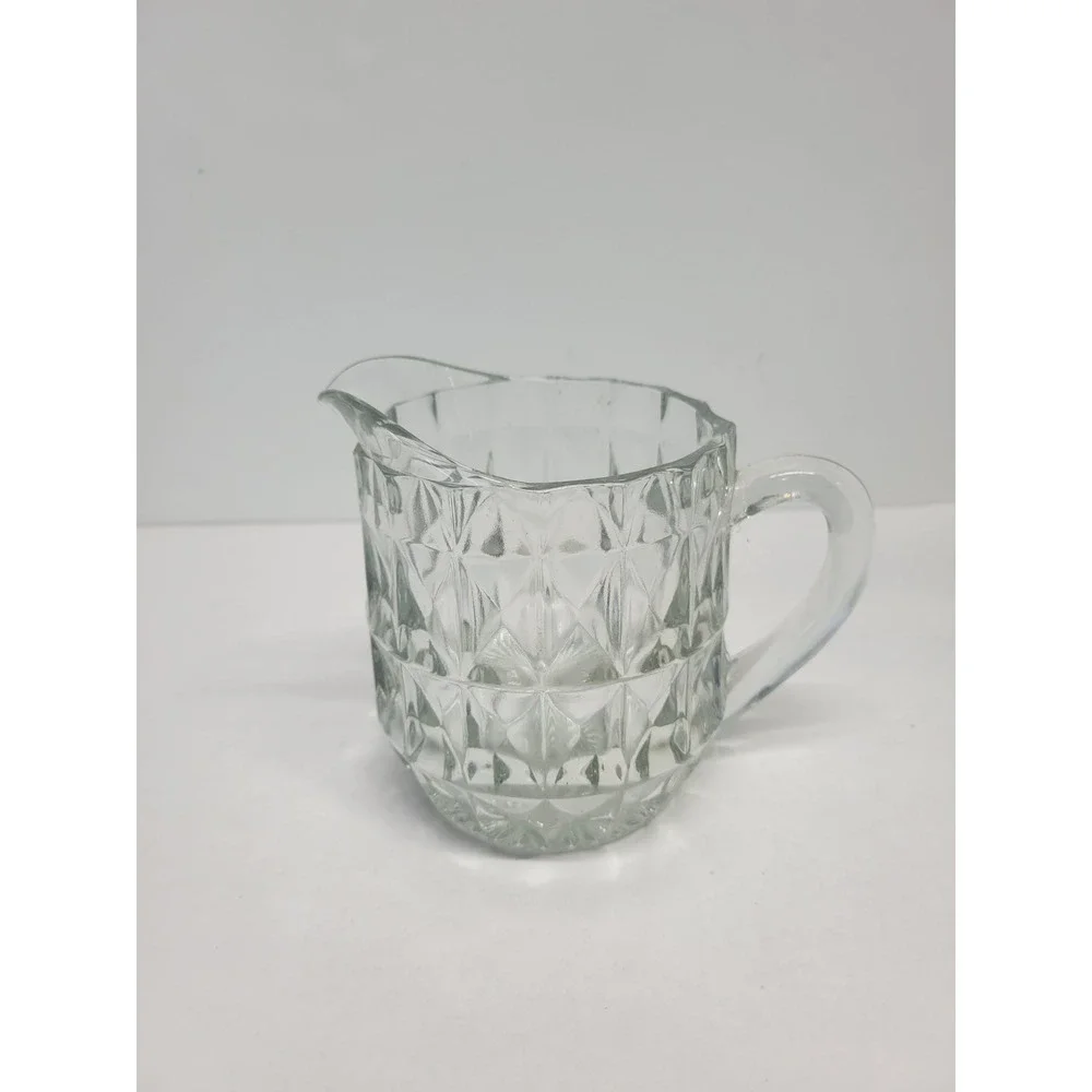 Vtg Clear Pressed Glass juice Pitcher Diamond Point Geometric Pattern 5‎ in